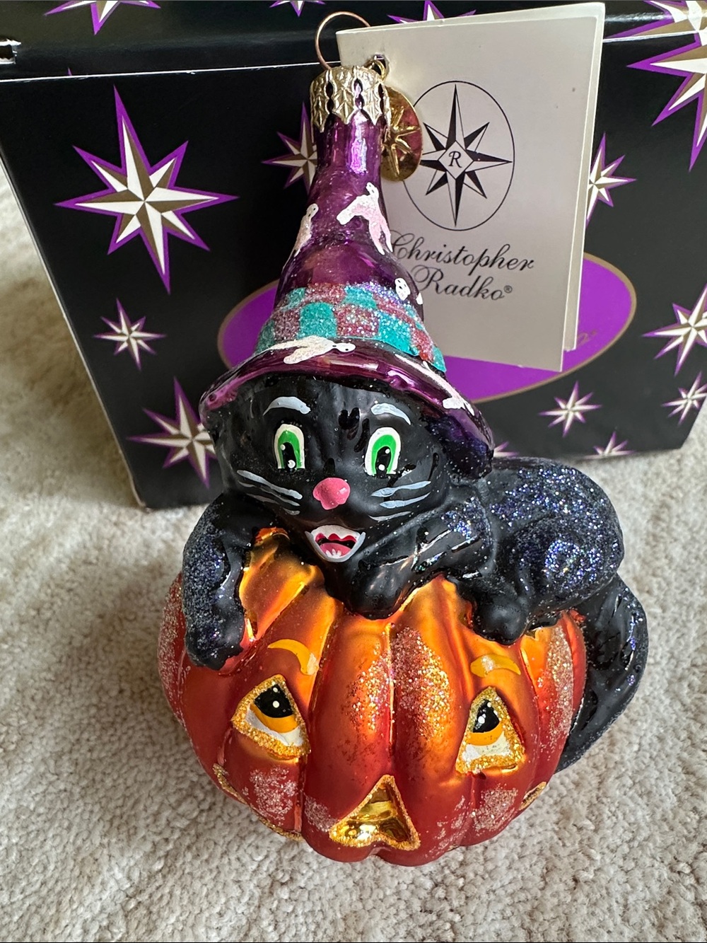 NWT Christopher Radko "Cat For A Hat" Glass Halloween Ornament 01-0569-0